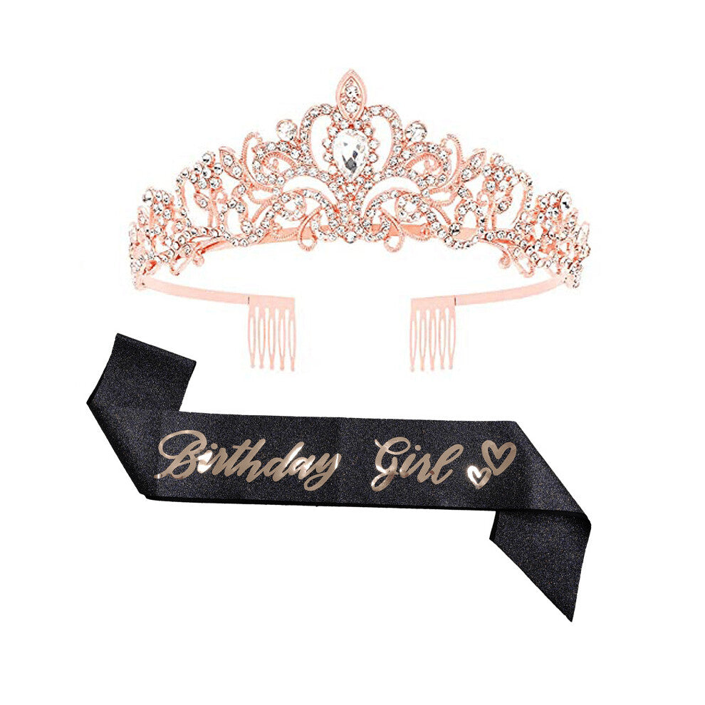 2pcs set Birthday Crown And Sash Rhinestone Tiara Glitter Fabric Lettered Sash Ribbon Birthday Accessories