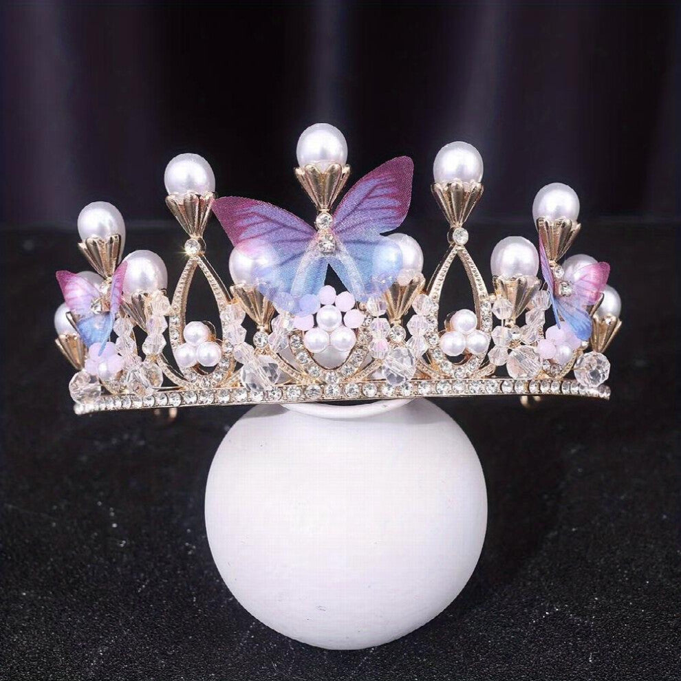 Butterfly Princess Crown Bridal Accessories Performance Disc Hair Model Golden Pearl Headband Rhinestone Hairpiece Birthday Crown For Girls