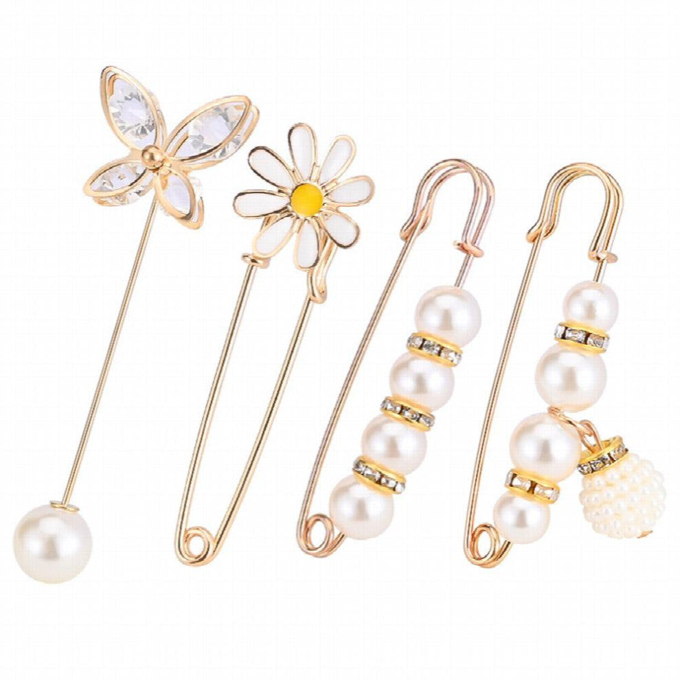 4pcs Faux Pearl Brooch Pins Sweater Shawl Jeans Clips Rhinestones Collar Safety Pin For Women Girls Clothing Dresses Decoration Accessories