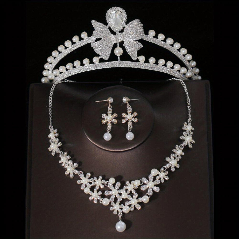 3pcs Wedding Accessories Faux Pearl Bridal Crown Rhinestone Necklace Earrings Set Crown Jewelry