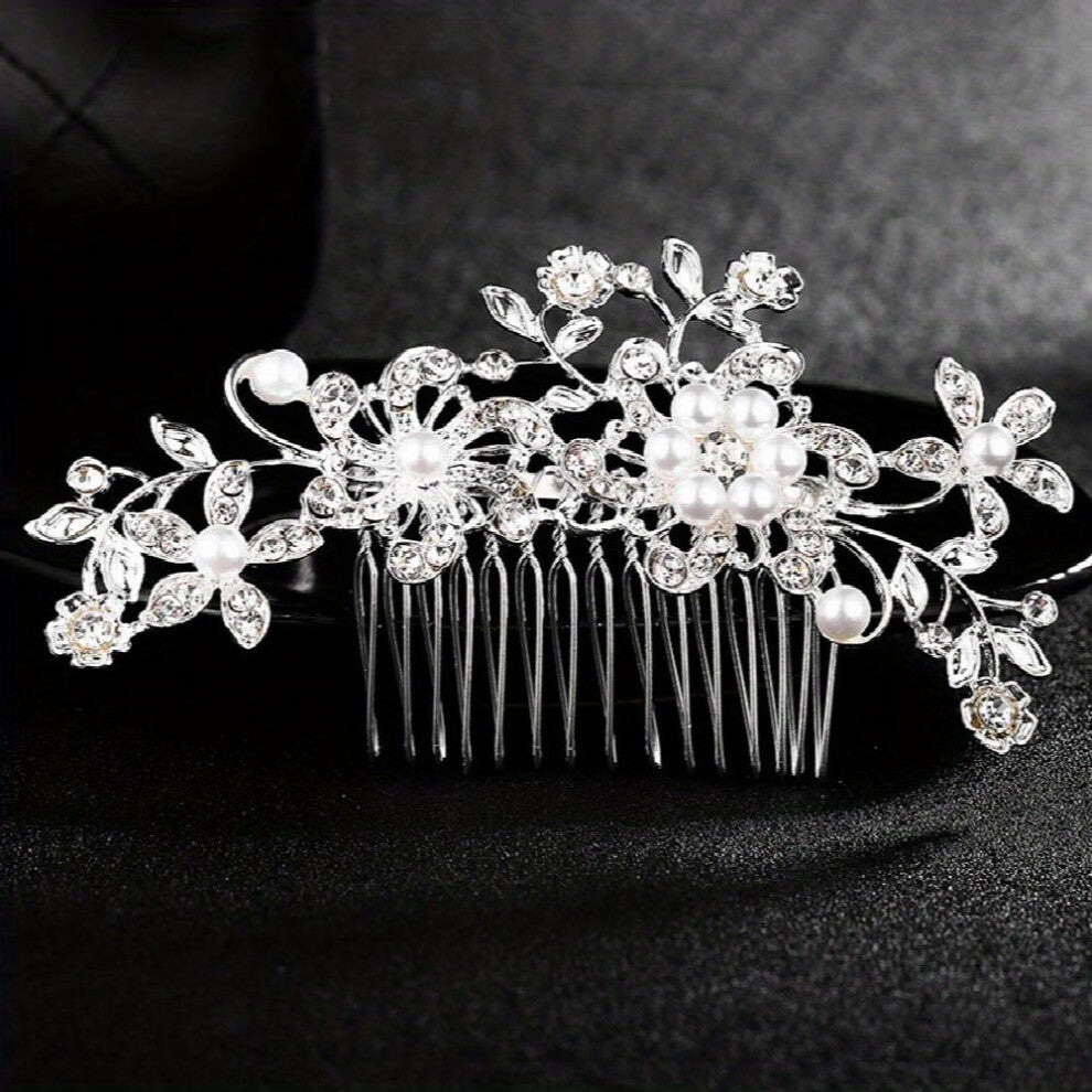 Bridal Rhinestone Hair Comb Inlaid Faux Pearl Wedding Hair Accessories Jewelry For Bride