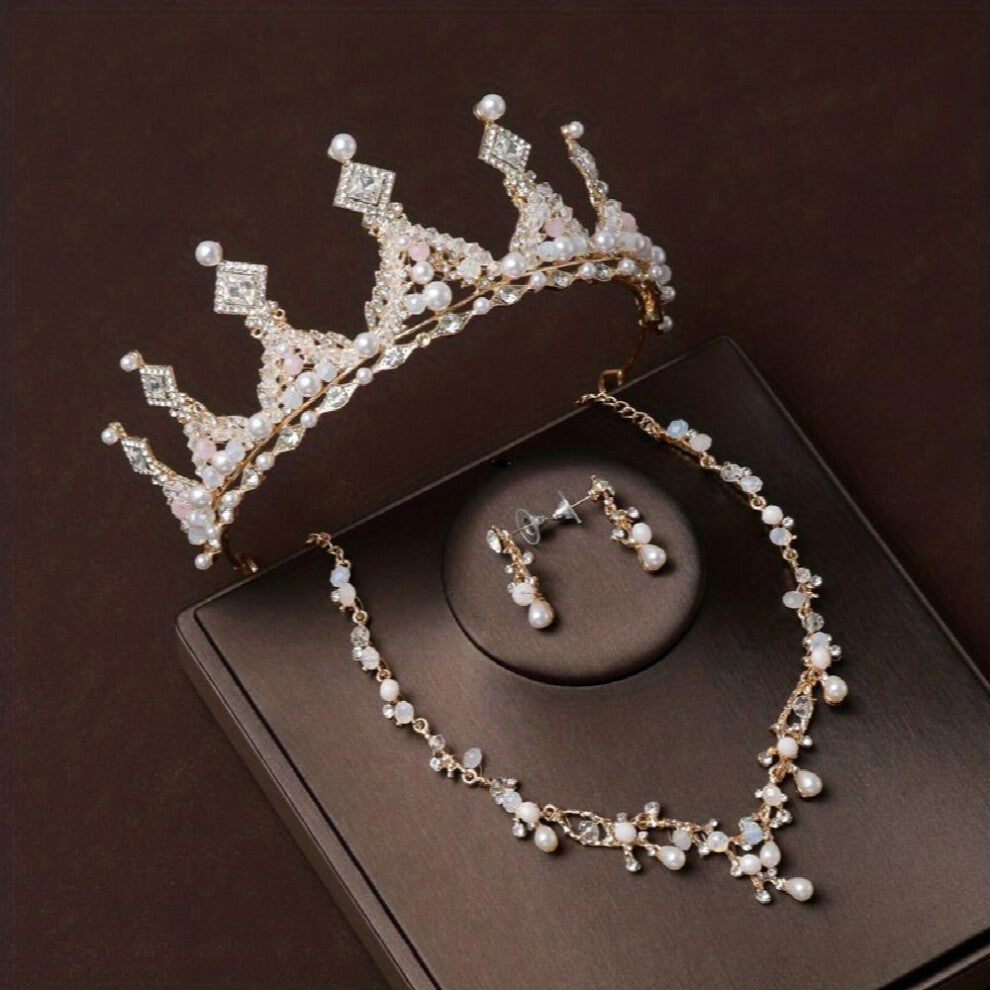 3pcs Rhinestone Bridal Accessories Set Jewelry Crown Earrings Necklace Set Womens Accessories Decoration