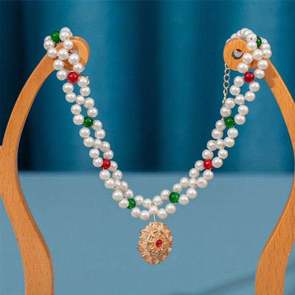 Faux Pearl Beaded Necklace With Pendant Forehead Chain Ancient Court Style Accessories