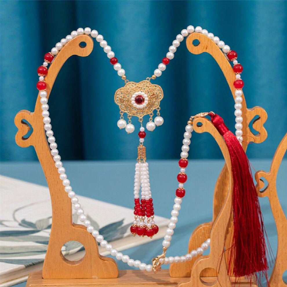 Ancient Style Faux Pearl Beaded Necklace With Pendant And Tassel Cheongsam Accessories Chinese Style Decoration Jewelry Ornament