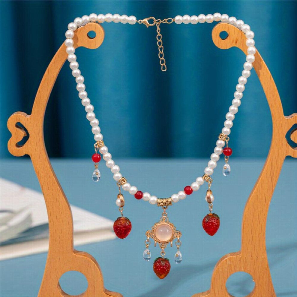Ancient Style Faux Pearl Beaded Necklace With Strawberry Shape Pendant Cheongsam Accessories Chinese Style Decoration Ornament