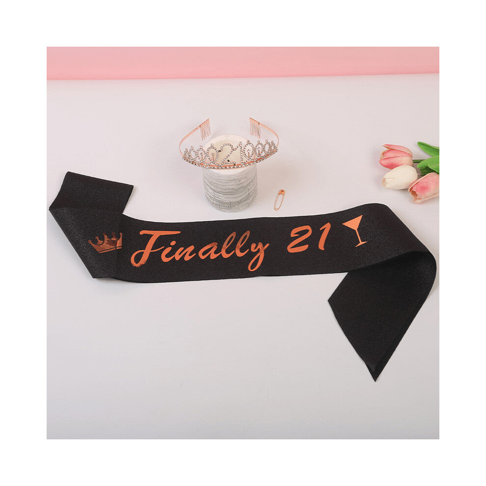2pcs set 21th Birthday Crown And Sash Rhinestone Tiara Glitter Fabric Lettered Sash Ribbon Birthday Accessories