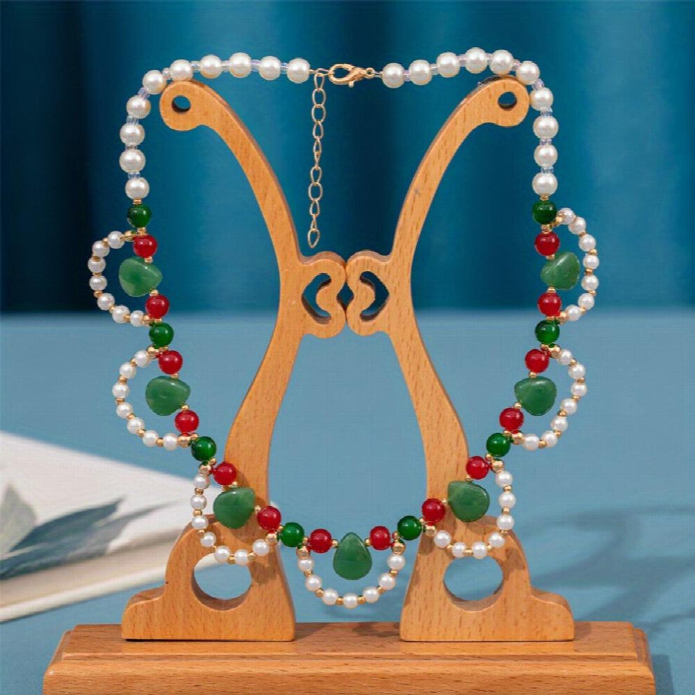 Ancient Style Faux Pearl Beaded Necklace Faux Jade Cheongsam Accessories Chinese Style Decoration Ornament