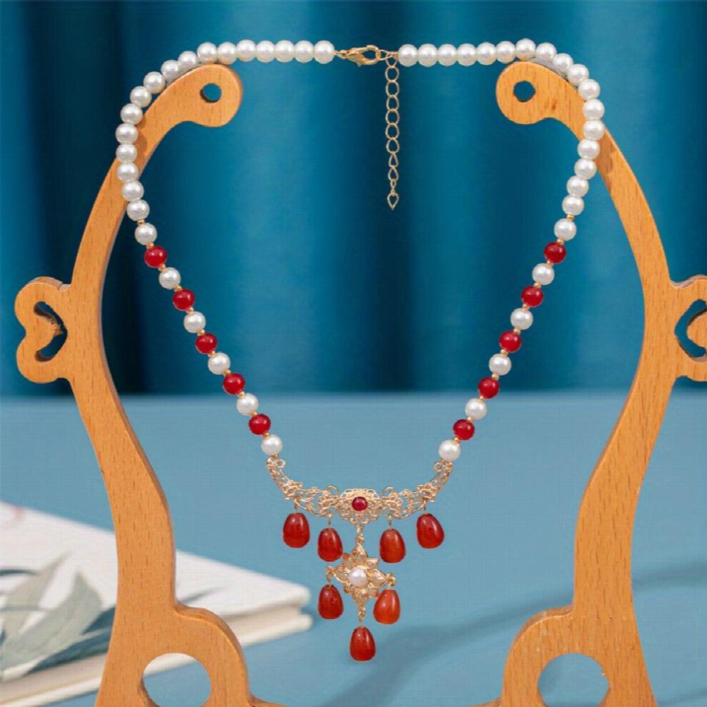 Ancient Style Faux Pearl Beaded Necklace With Red Agate Pendant Cheongsam Accessories Chinese Style Decoration Ornament