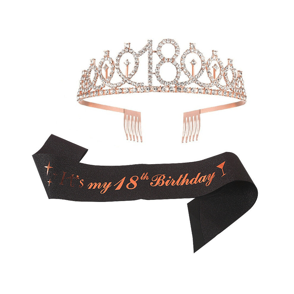 2pcs set 18th Birthday Crown And Sash Rhinestone Tiara Glitter Fabric Lettered Sash Ribbon Birthday Accessories