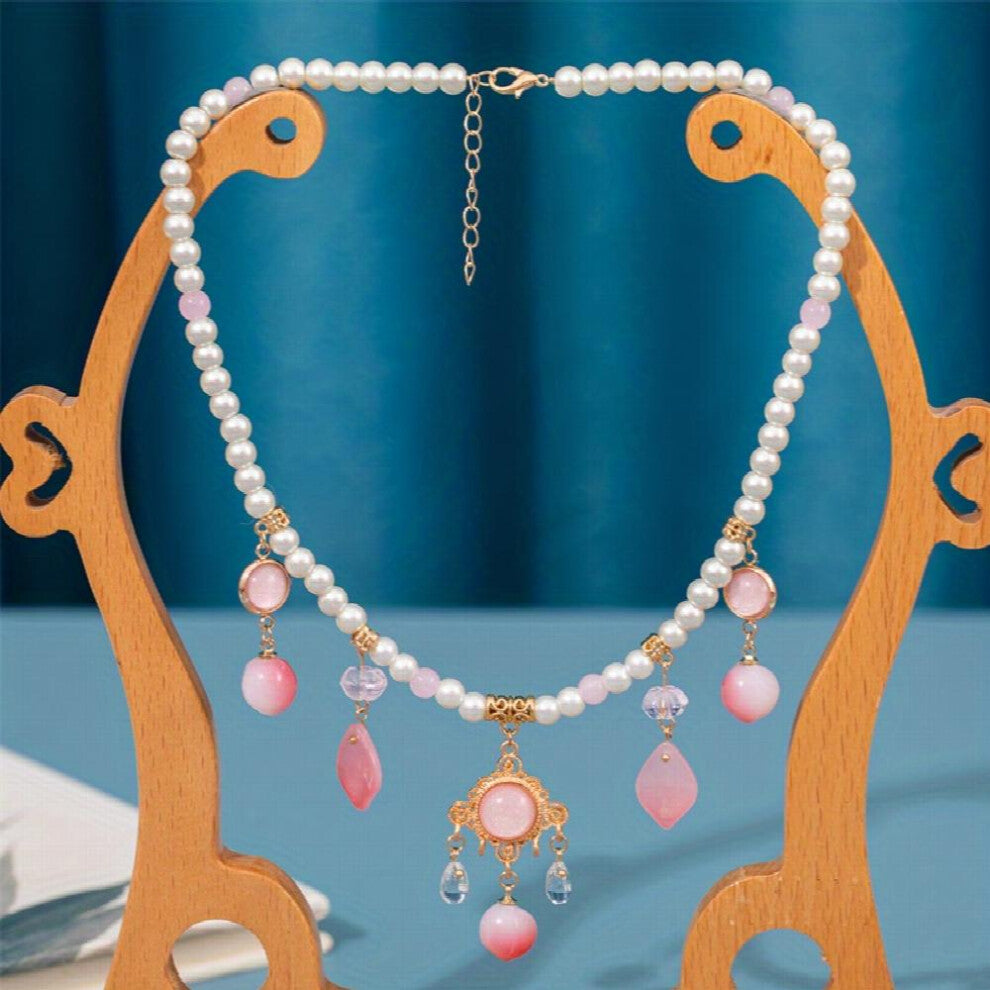 Ancient Style Faux Pearl Beaded Bracelet Necklace With Peach Shape Pendant Cheongsam Accessories Chinese Style Decoration Ornament