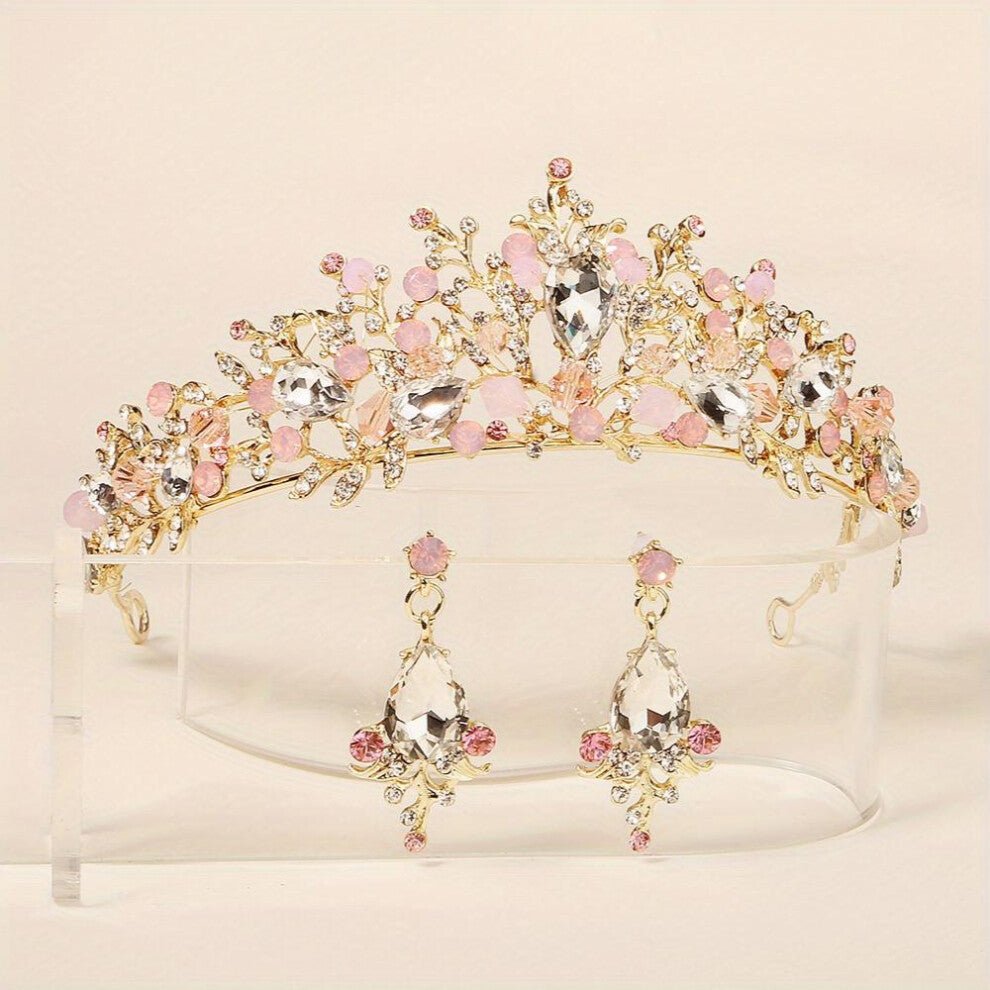 2pcs Crystal Decor Jewelry Set Baroque Style Bridal Wedding Accessories Crown Headband Earrings