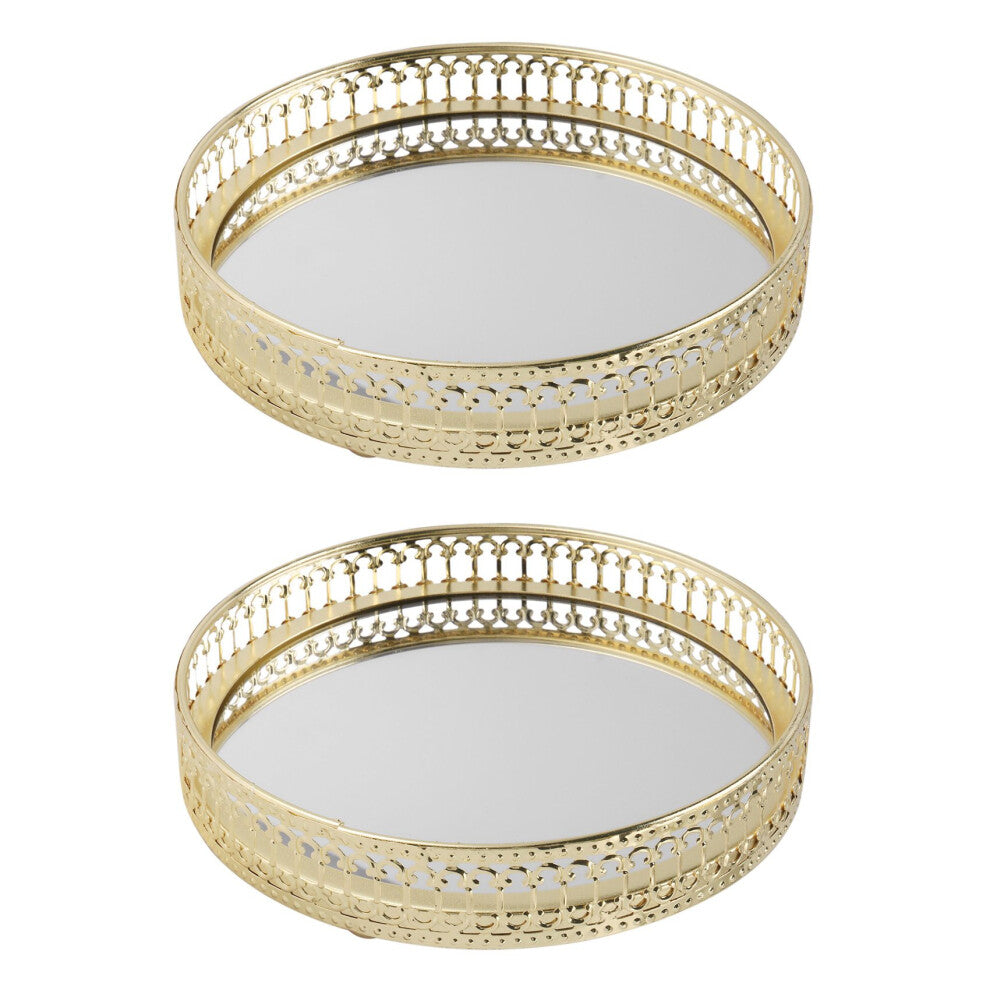 2X Golden Iron Jewelry Storage Tray Glass Mirror Makeup Manager Desktop Cosmetic Dessert Decorative Display Tray 17.5cm