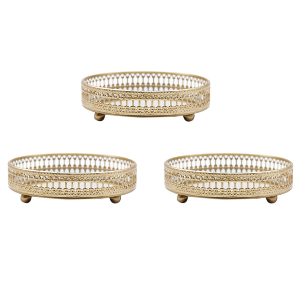 3X Golden Iron Jewelry Storage Tray Glass Mirror Makeup Manager Desktop Cosmetic Dessert Decorative Display Tray 25cm