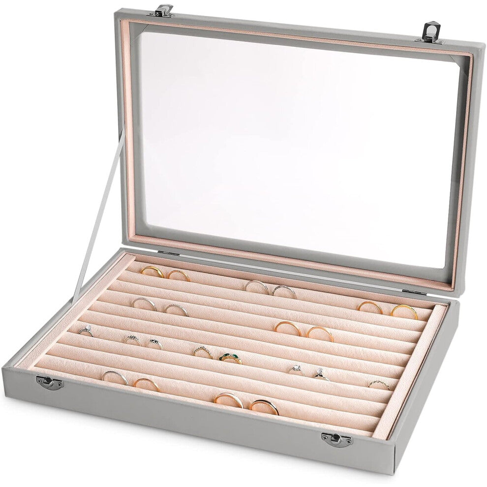 Rings-Earring Organizer Tray with Clear Lid, 10 Slots Large PU Drawer Insert,Jewelry Storage Box Jewelry Display Case,Jewelry Store Showcase with Lock