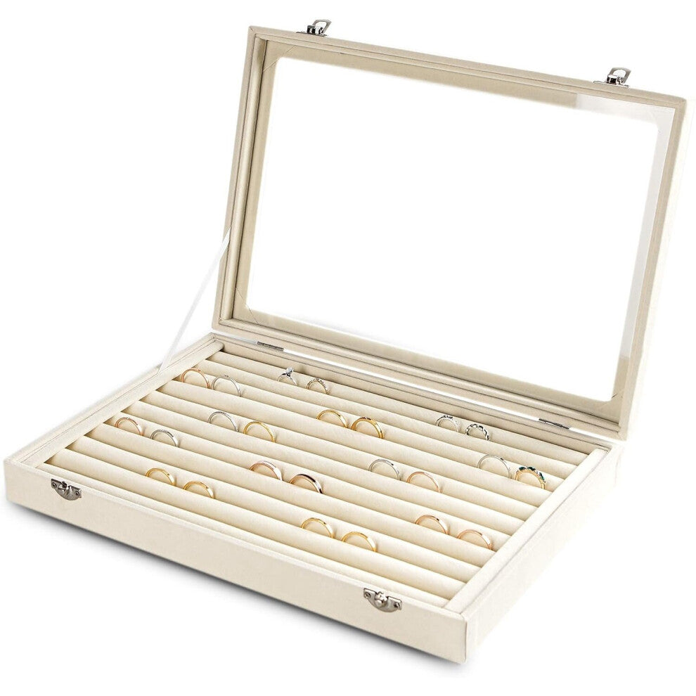 Rings-Earrings Organizer Tray with Clear Lid 10 Slots Velvet Drawer Insert Jewelry Storage box with Transparent Glass lid Jewelry Display Case Showcas