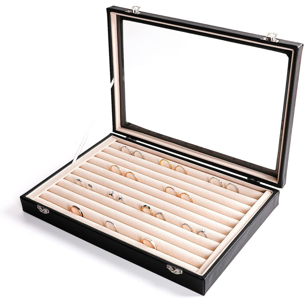 Rings-Earring Organizer Tray with Clear Lid, 10 Slots Large PU Drawer Insert,Jewelry Storage Box Jewelry Display Case,Jewelry Store Showcase with Lock