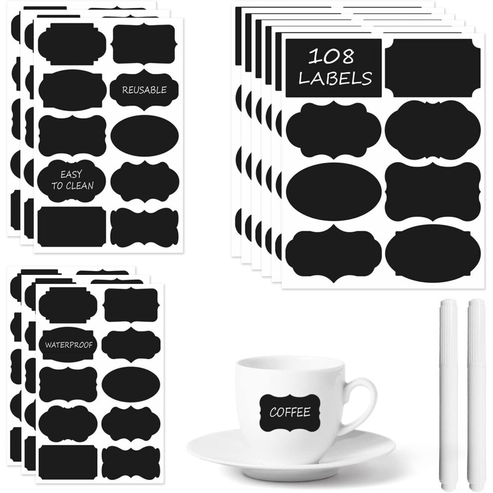 Chalkboard Label Stickers 108pcs - Removable Waterproof Chalk Label Markers for Glass Storage Jars, Reusable Black Vinyl Plastic Adhesive Tag Paper fo