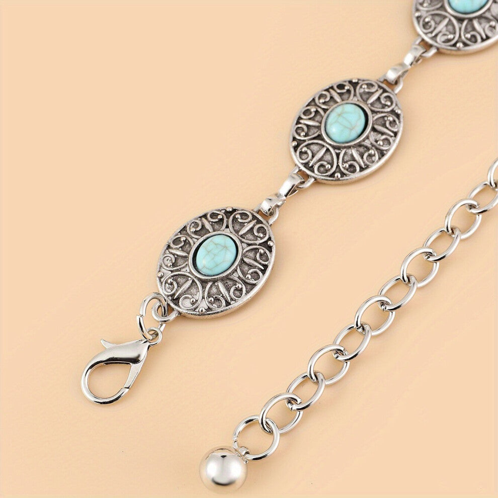 Oval Turquoise Waist Chain Western Style Engraved Metal Chain Belt Vintage Body Chain Women Dress Chain Accessories