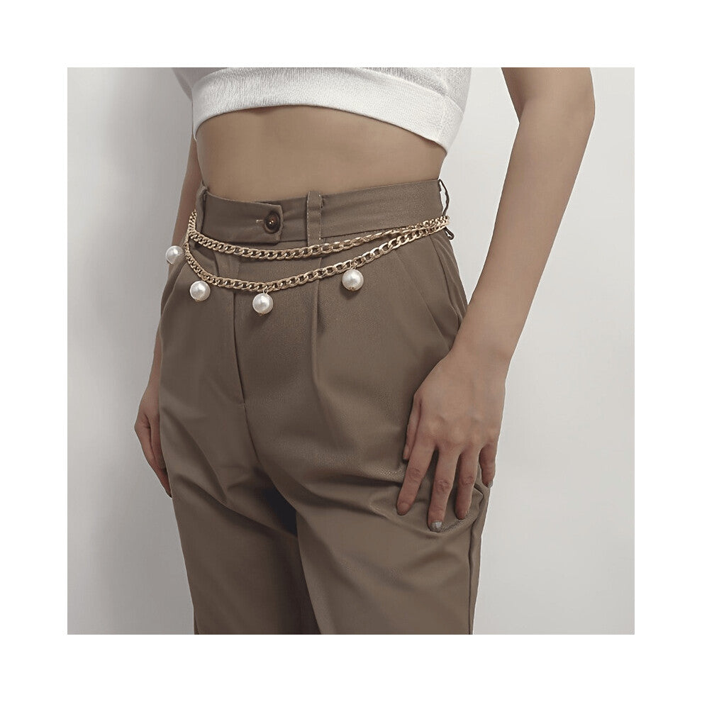 Double Layer Waist Chain Faux Pearl Pendant Womens Dress Bohemian Jewelry Metal Chain Accessories