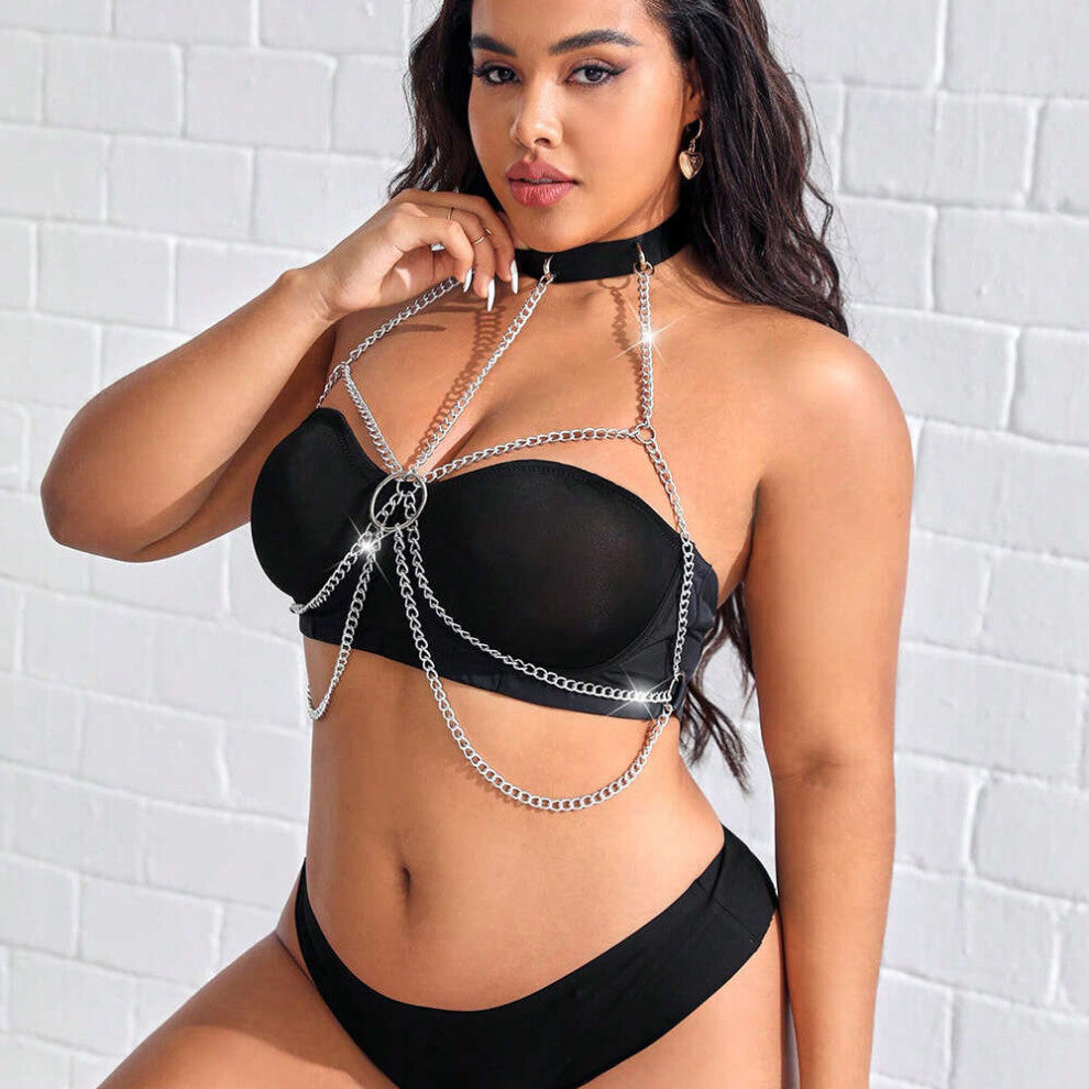 Punk Layer Chest Chain Silvery Metal Ring Linked Harness Bra Hollow Out Waist Chains Y2K Accessories