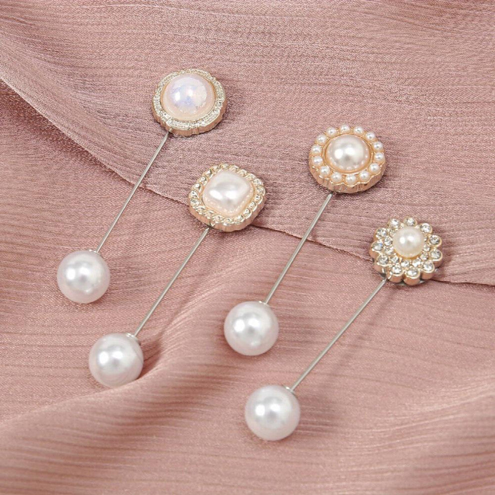 4pcs Faux Pearl Scarf Pin Golden Metal Shawl Buckle Decorative Dresses Safety Pins Cardigan Clip For Women