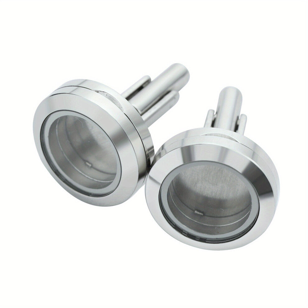 1pair Classic Stainless Steel DIY Round Glass Can Put Photos Can Store Space Photo Box Cufflinks For Men