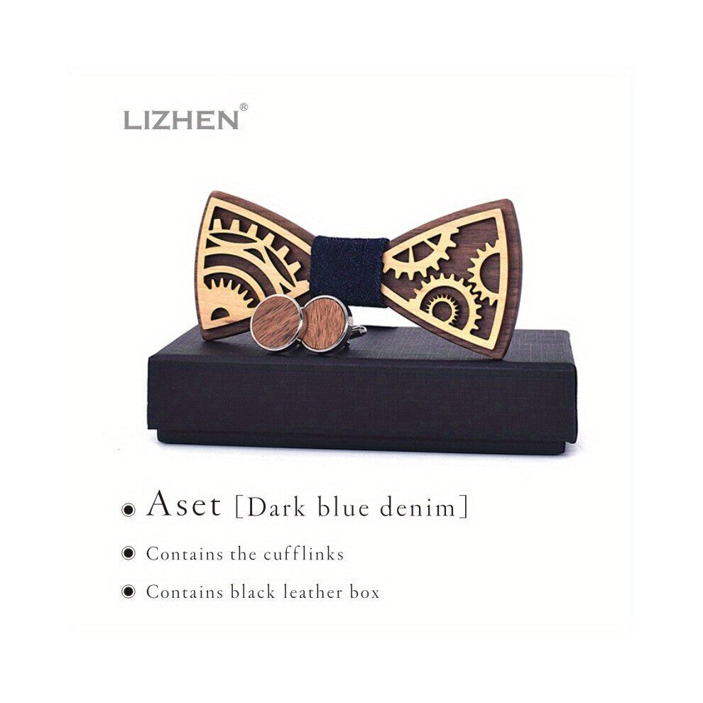 Creative Steampunk Gear Wooden Bow Tie & Cufflinks Set For Party Wedding Daily Wear