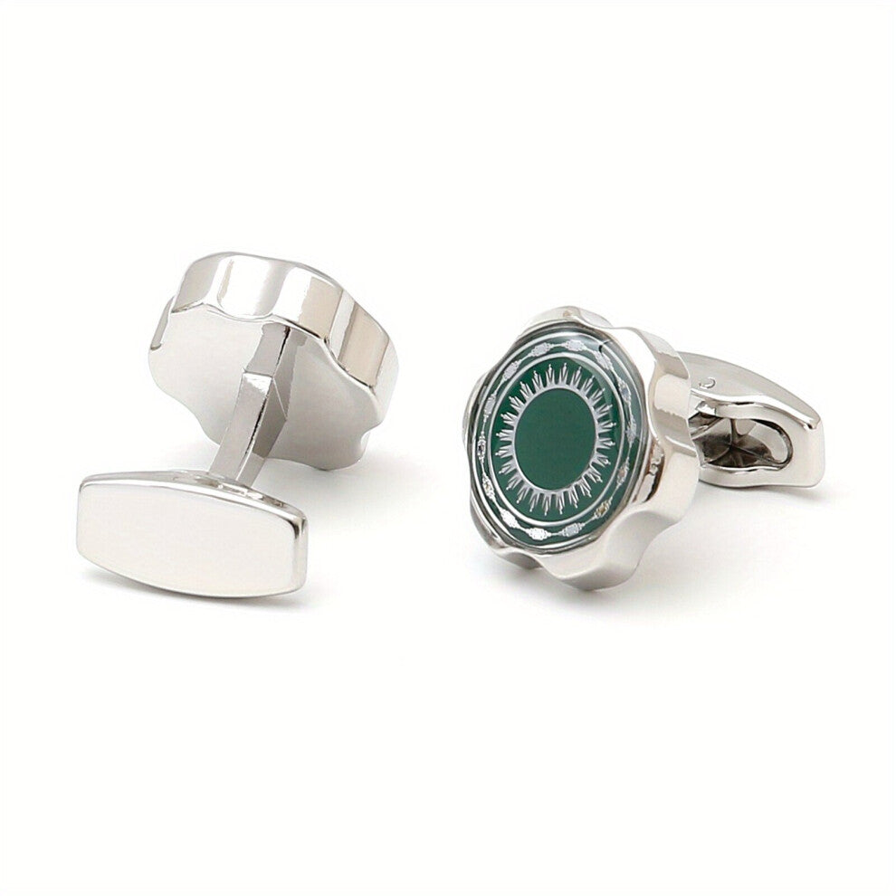 1pair Creative Set Green Bottom Pattern Gear Shaped Silver Mens Cufflinks XK23015