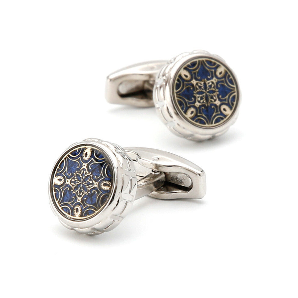 French Vintage Pattern Round Silver Mens Cufflinks
