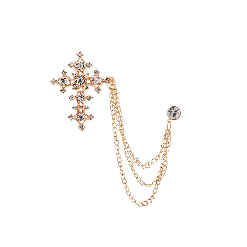 1pc Cross Brooch For Men Tassel Chain Shirt Collar Lapel Pin Brooches Clothing Bags Accessories Jewelry