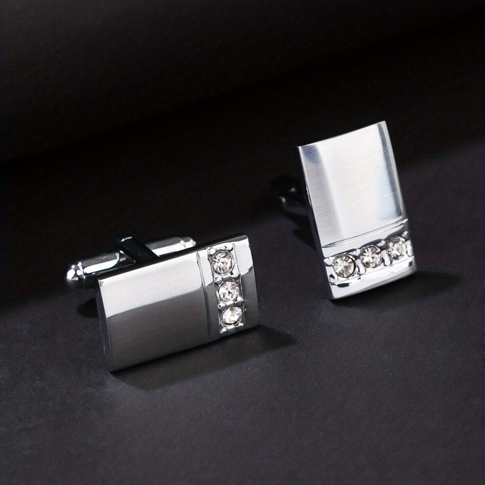 1pair Mens Steel Rectangular Curved Surface Inlaid Three Artificial Diamond French Cufflinks 2 Cufflinks