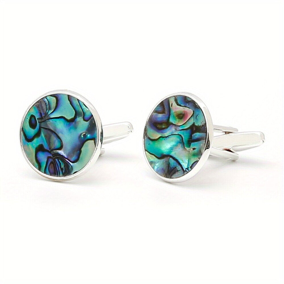 Light Inlaid Abalone Shell Silver Round Casual Mens Shirt Cufflinks XK23008