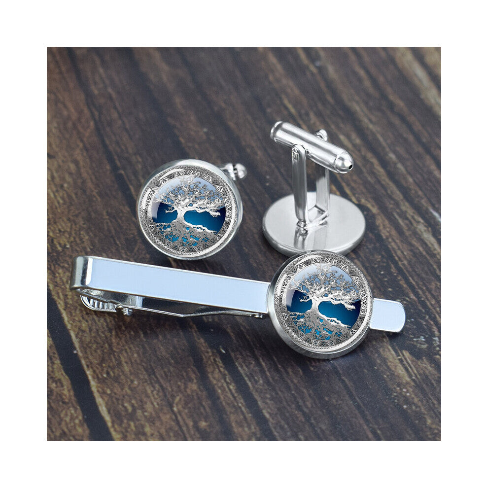 Life Tree Pattern Cufflinks And Tie Clip Wedding Cufflinks Mens Silver Alloy Suit Cufflinks Tie Clip Set Gift 2pcs Cufflinks 1pc Tie Clip