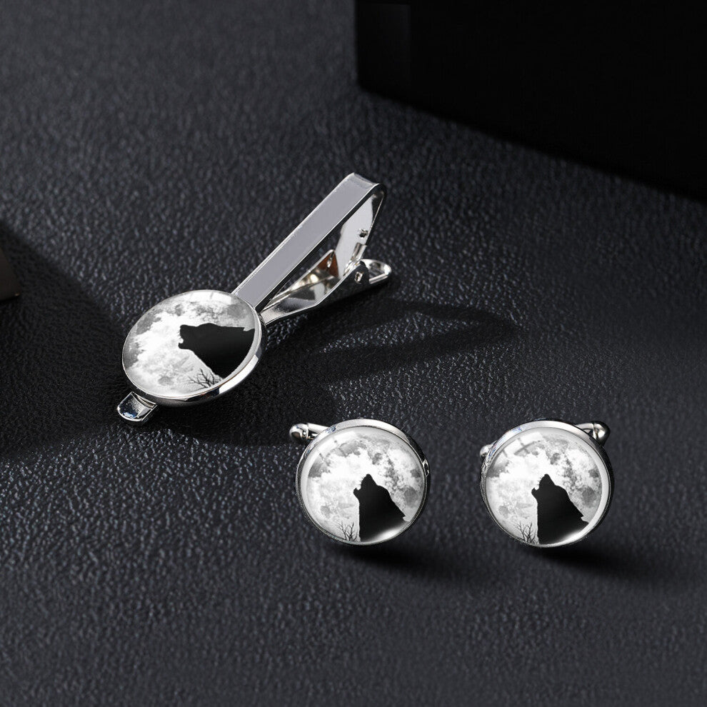 Moon And Wolf Picture Time Stone Tie Clip And Cufflinks Set