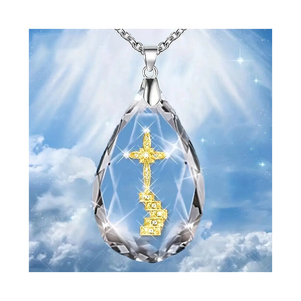 1pc Crystal Cross Heaven Ladder Pendant With Rhinestones Necklace Water Drop Necklaces Religious Cross Crystal Necklace