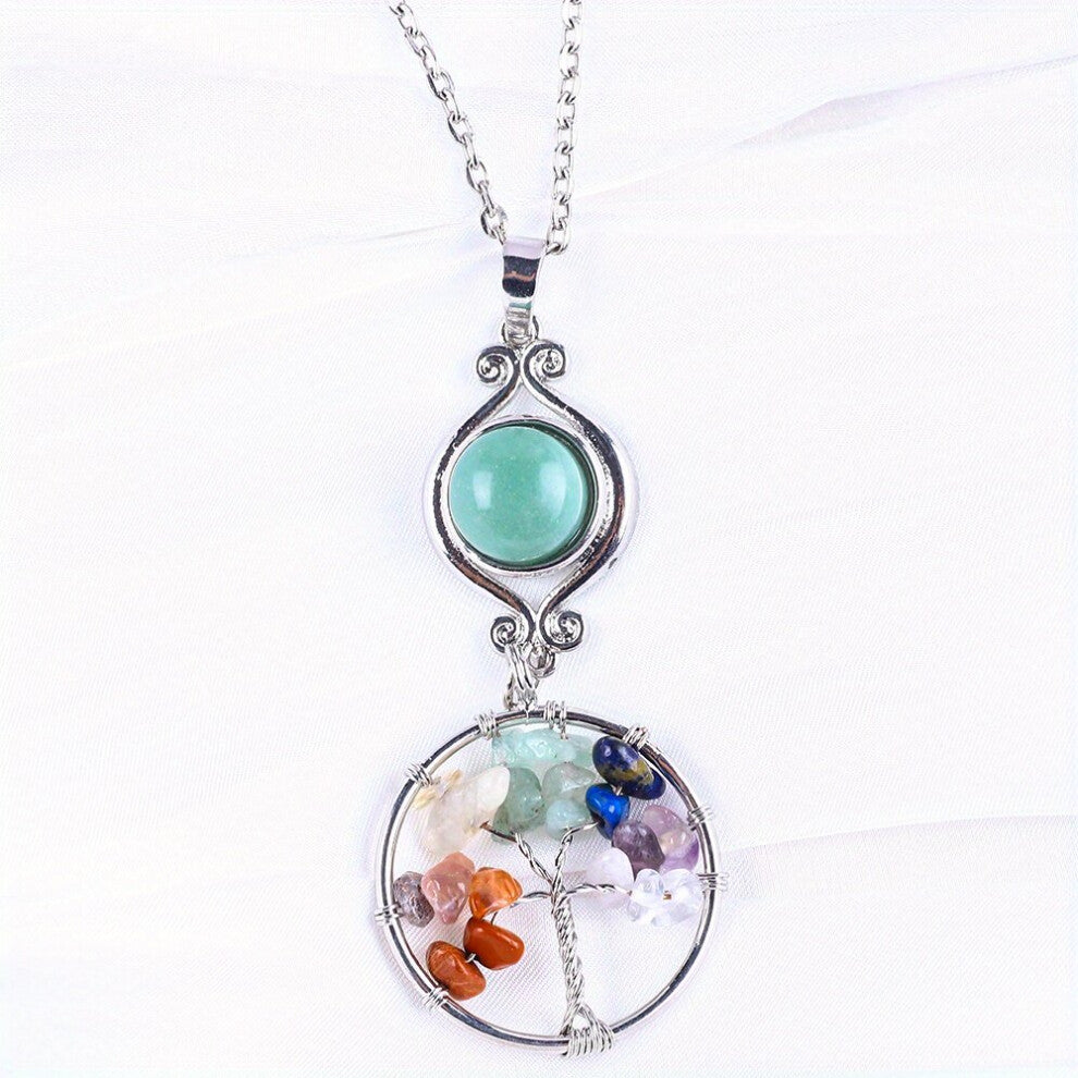1Pc Colorful Stone Chip Tree Pendant Natural Healing Crystal Chip Decor Wrapped Circle Pendant For Diy Jewelry Making