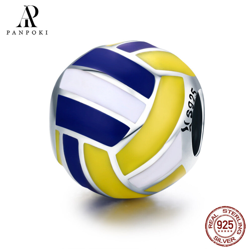 PANPOKI 925 Sterling Silver Ball Games Volleyball Beads Charms Fit Bracelets Necklace DIY Jewelry Gift