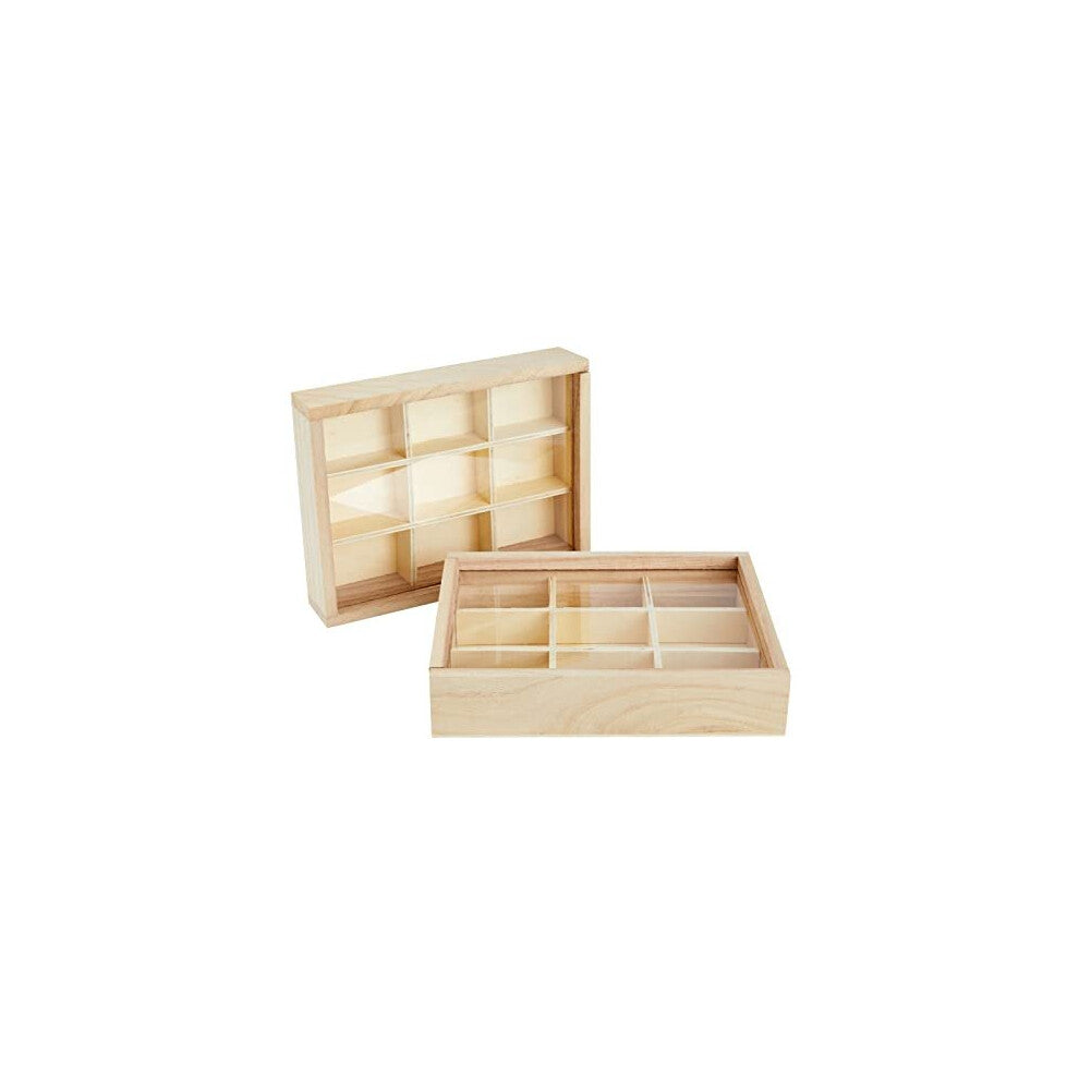 Small Unfinished Wood Boxes with Clear Lids, 2-Pack of Storage Boxes with 9 Compartments for Jewellery, Collectibles, 17 x 3.5 x 13 cm Each