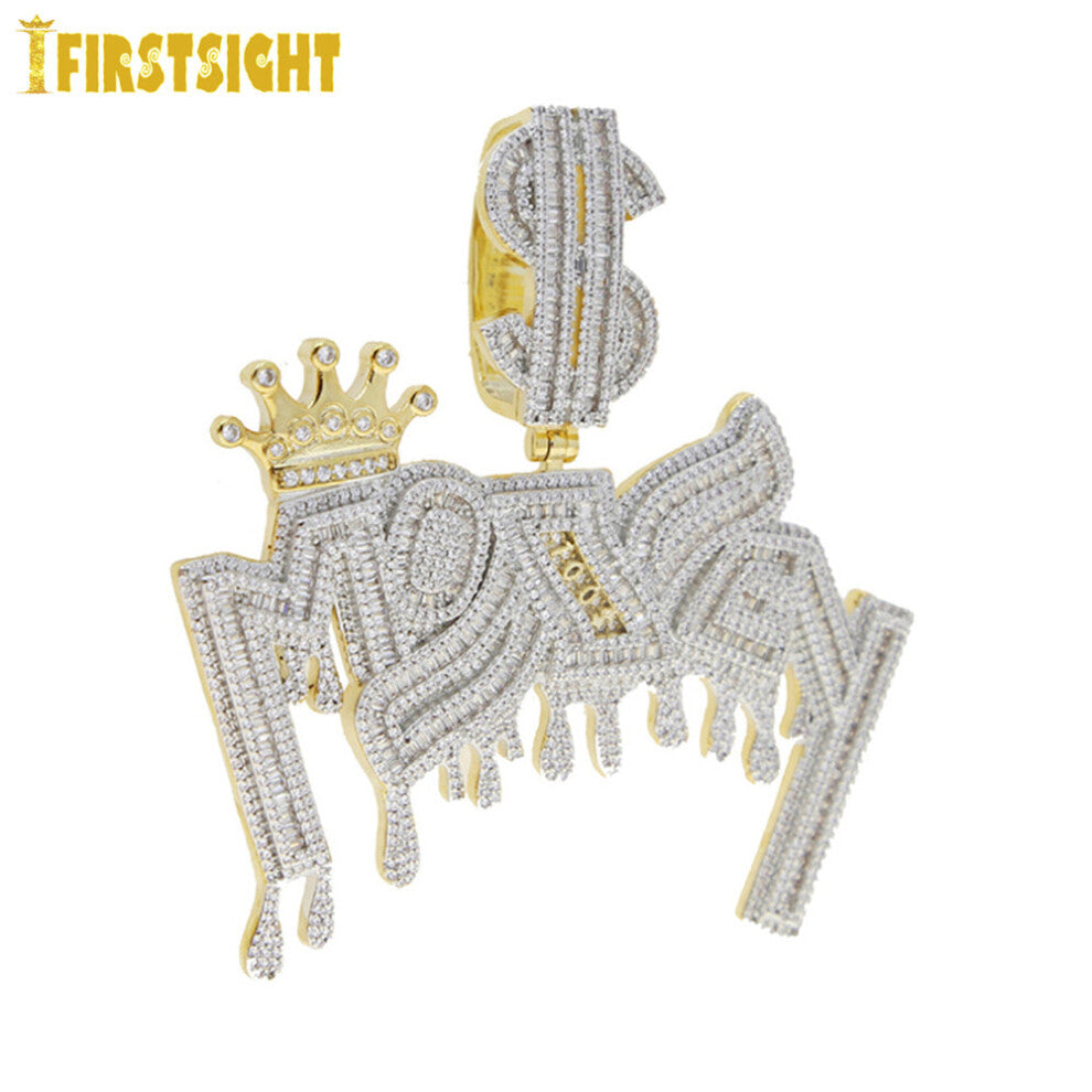 (Gold-color, 70cm) Iced Out Bling Crown Letters Money Pendant Necklace Two Tone CZ Zircon Dollar Symbol Necklaces Mens Hip Hop Jewelry