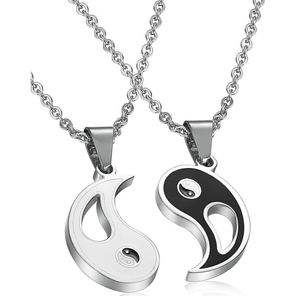 2pcs Stainless Steel Yin Yang Pendant Necklace for Men Women Puzzle Couples Necklace,22 inches