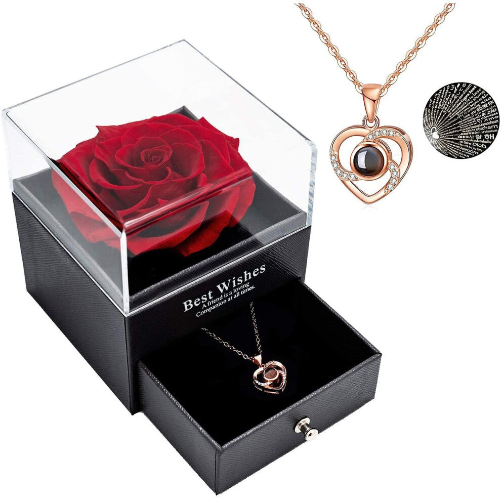 Preserved Real Rose With Love You Necklace Gift Set(wine Red Rose)