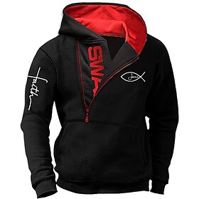Jesus Fish Hoodie Jesus, Mens Graphic Letter Prints Fashion Daily Casual Zip Vacation Going Out Streetwear Black Red Blue Long Sleeve Hooded Spring  Fall Faith