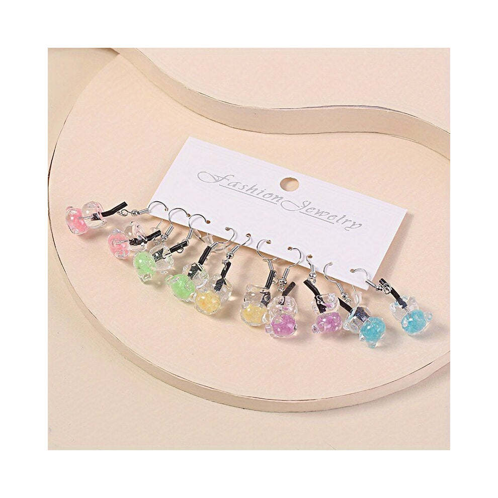 5pairs Creative Cartoon Colorful Funny Bubble Tea Bottle Earrings Set Decorative Accessories Holiday Gift For Girls