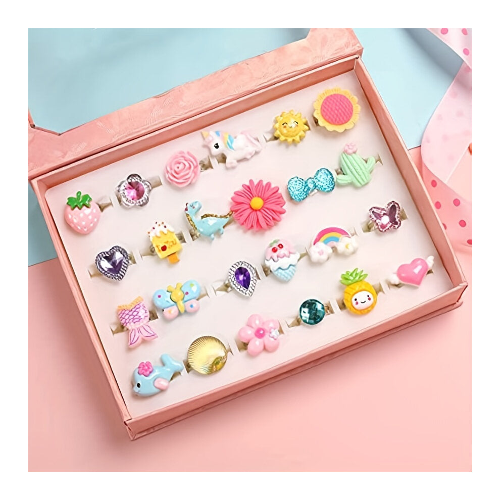 Colorful Resin Cartoon Pattern Rings For Little Girls Jewel Rings In Box Adjustable No Duplication Girl Pretend Play And Dress Up Rings 24 Lovely Ring