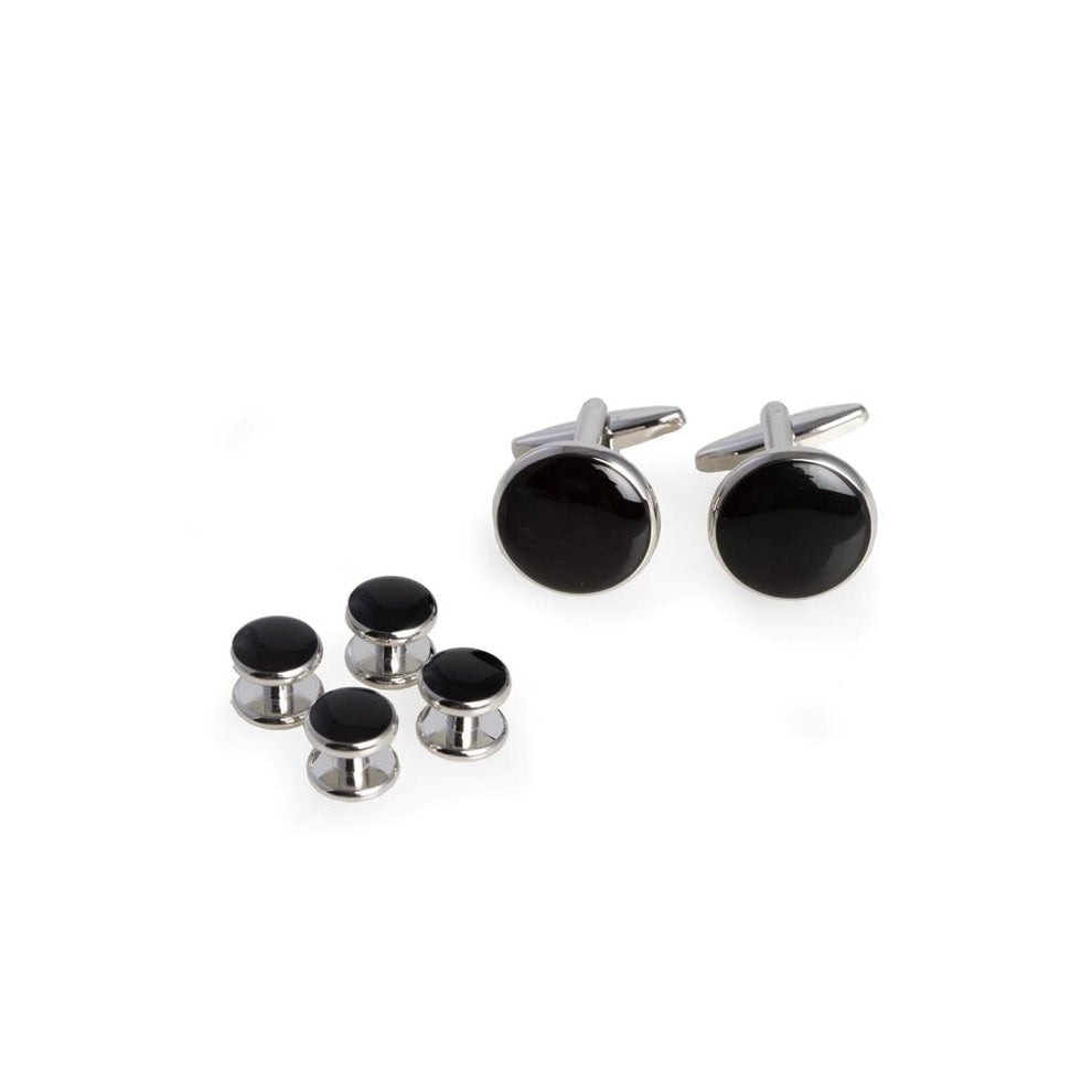 International  Rhodium Plated Black Enameled Cufflinks & Studs Set