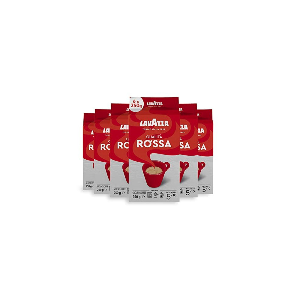 Lavazza Qualità Rossa Ground Coffee 6 x 250 g - Arabica & Robusta, Moka Pot Friendly, Chocolate & Dried Fruit Notes