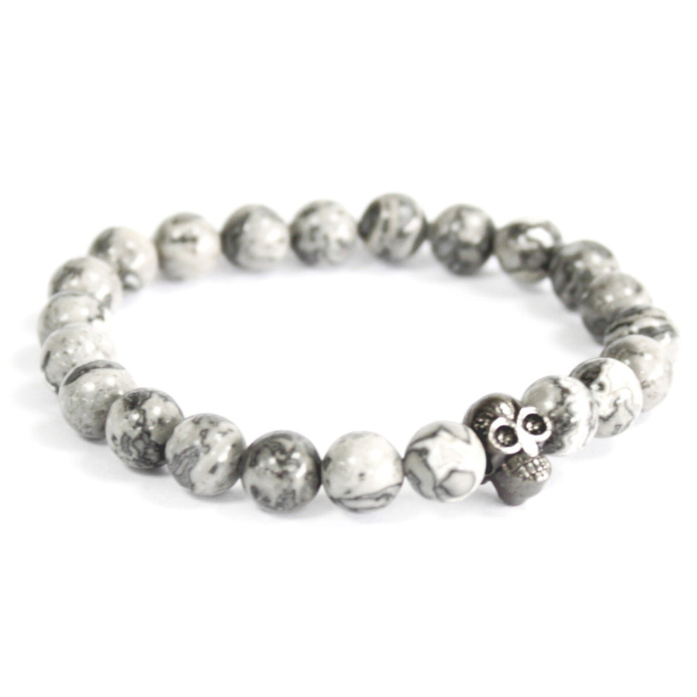 Adorable Jewellery Gifts - 3x of Pewter Skull - Grey Agate - Gemstone Bracelet