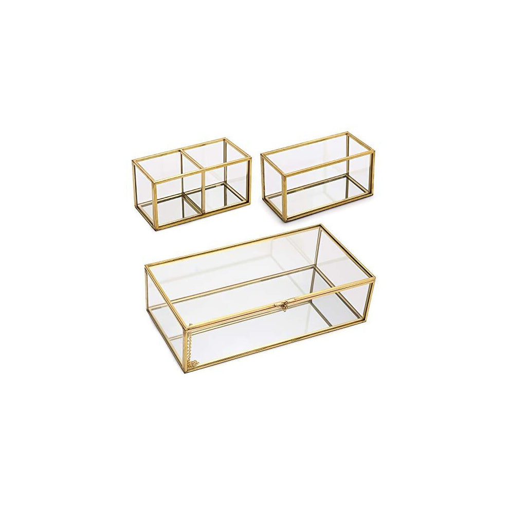 Gold Glass Desktop Storage Box Jewelry Box Makeup three glass Organizer rectangular Storage Containers with Lid