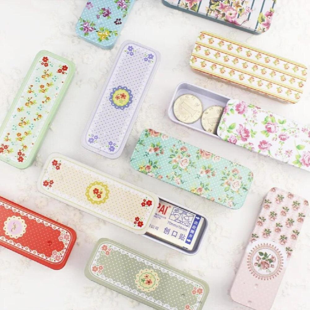 Portable Mini Floral Metal Storage Box Slide Small Pill Headphone Cigarette Jewelry Tin Box Organizer Container