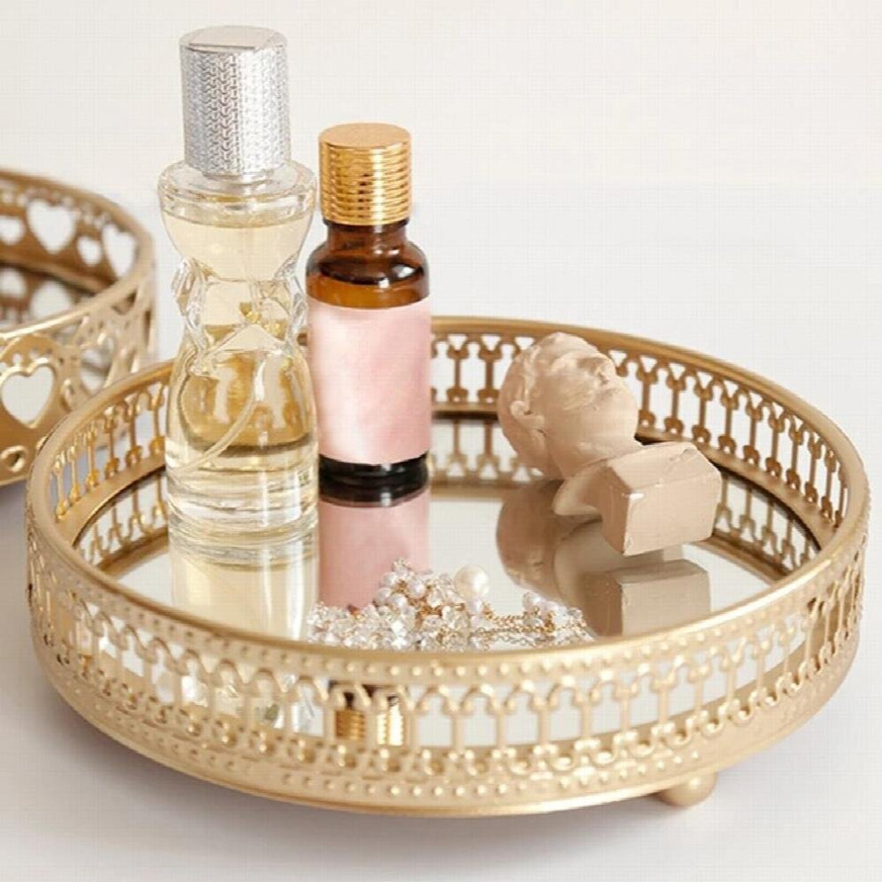 Golden Iron Jewelry Storage Tray Glass Mirror Makeup Manager Desktop Cosmetic Dessert Decorative Display Tray